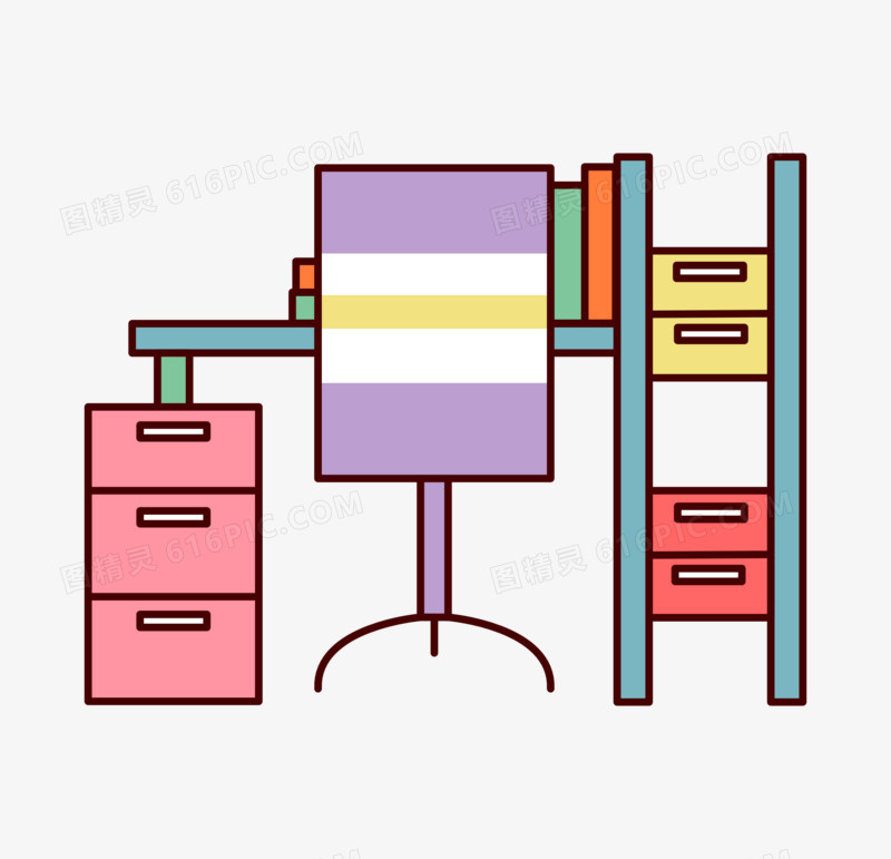 线条风彩色办公桌办公椅图标元素