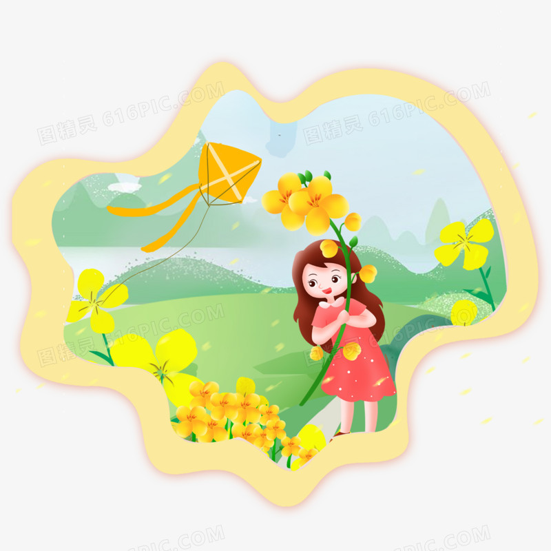 手绘春天放风筝的女孩装饰图案元素