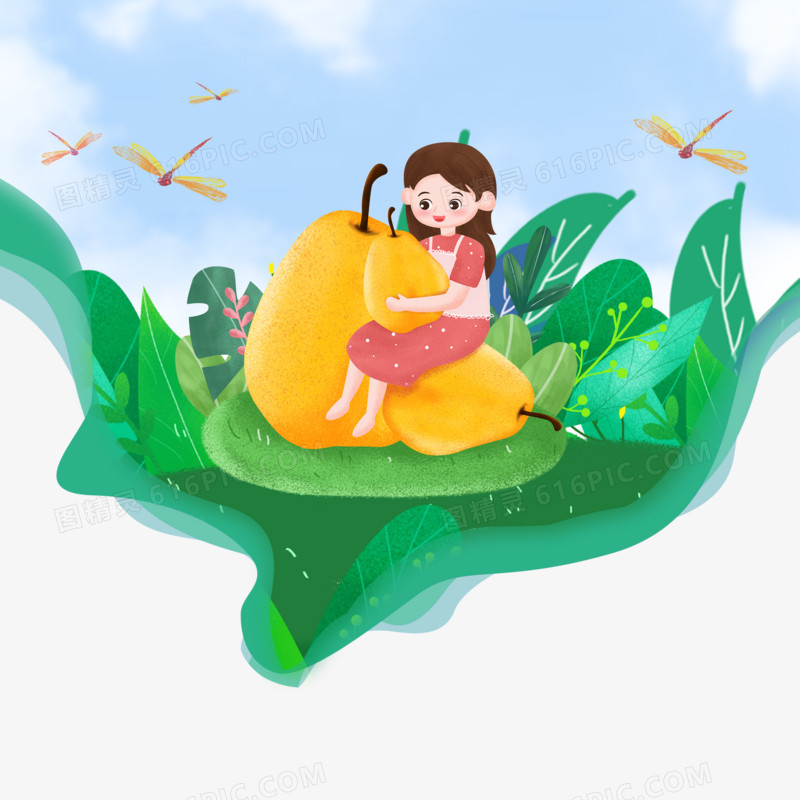 创意剪纸风夏日抱着梨的小女孩手绘茶花元素