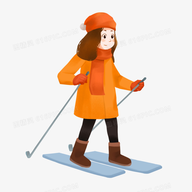 手绘冬天女孩滑雪橇免抠元素