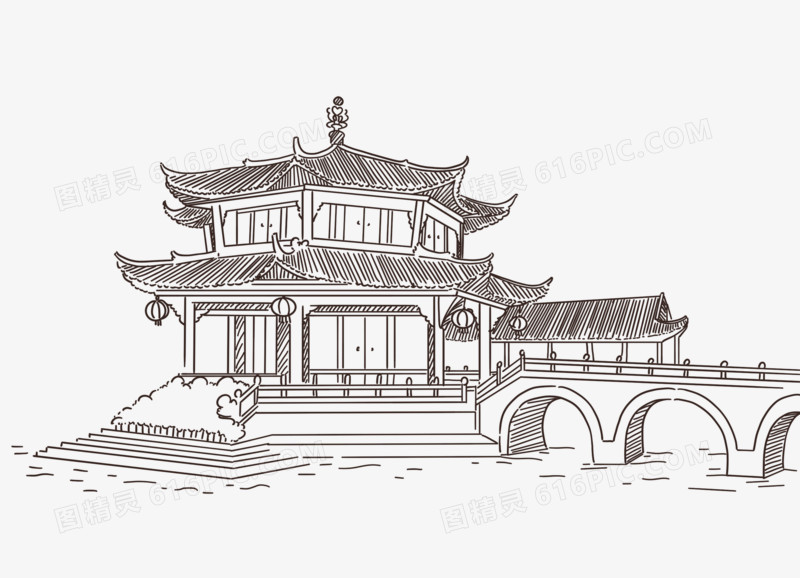 手绘线稿云南筇竹寺元素