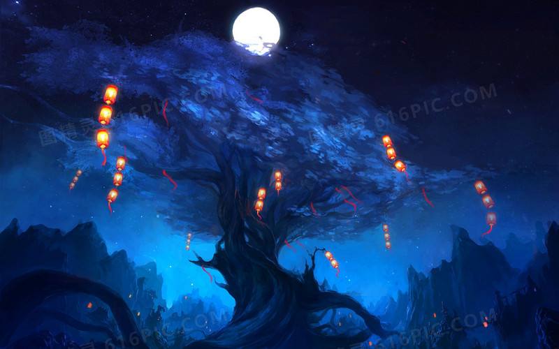 夜空月下大树灯笼海报背景