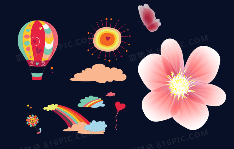 卡通热气球太阳彩虹云朵花朵