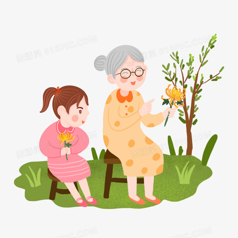 手绘卡通孙女和奶奶一起赏菊手绘插画