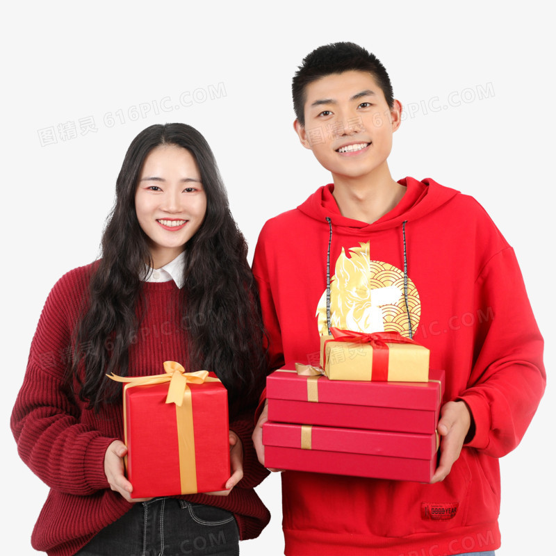 男女新年拿着礼物盒实拍免抠元素