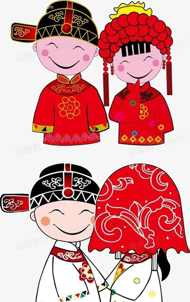 中式结婚新郎新娘卡通素材