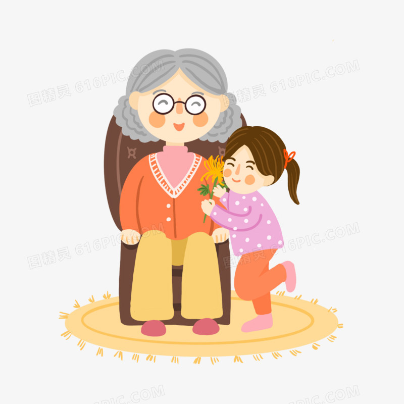 手绘奶奶和孙女插画免抠元素
