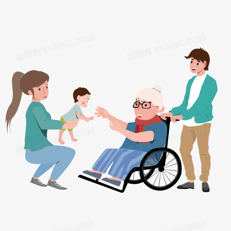 手绘扁平老人坐轮椅抱婴儿免抠元素