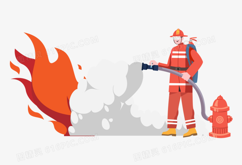 手绘扁平消防员用灭火器消灭火灾元素