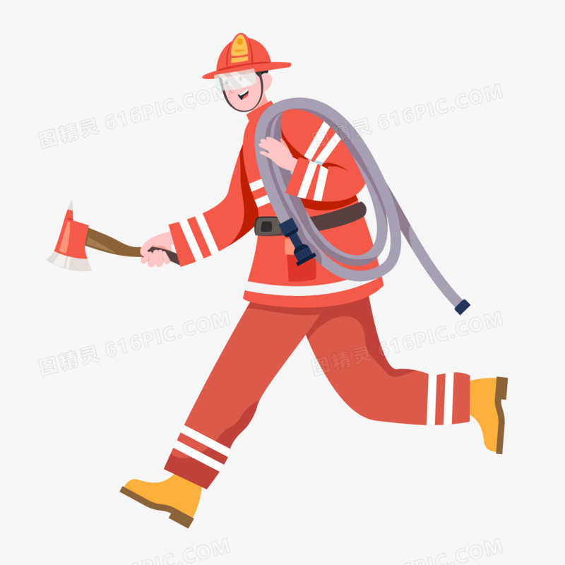手绘扁平消防员拿着消防斧和消防水管免抠元素