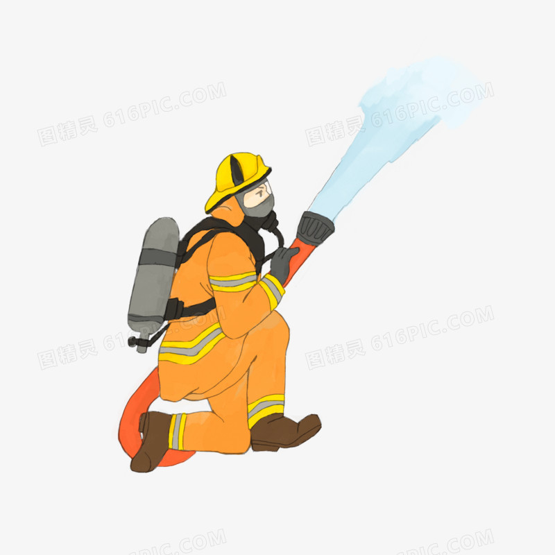 手绘卡通消防员拿着喷水管道免抠元素