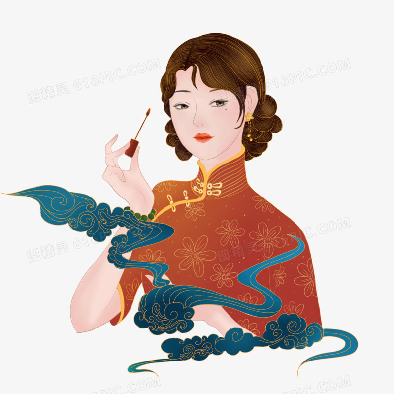中国风国潮穿旗袍的女生人物免抠元素