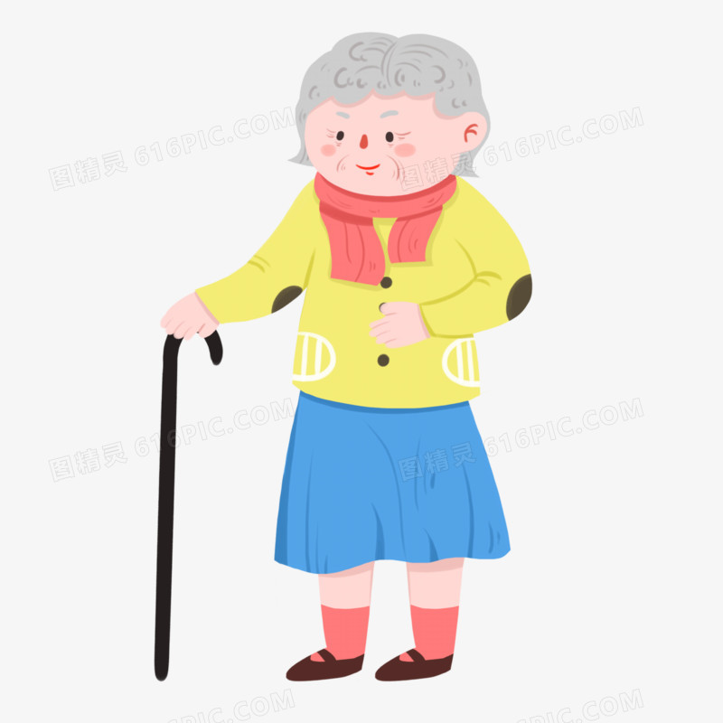 手绘卡通老奶奶拄拐杖免抠元素