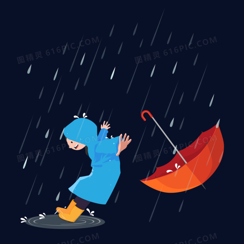 手绘卡通男孩下雨穿雨衣踩水塘免抠元素