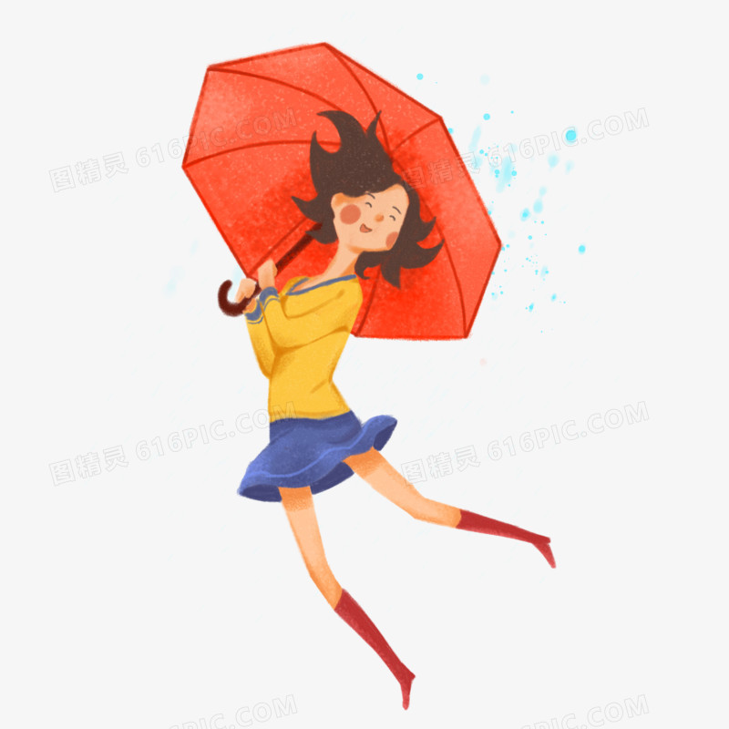 手绘女孩雨中撑伞免抠元素