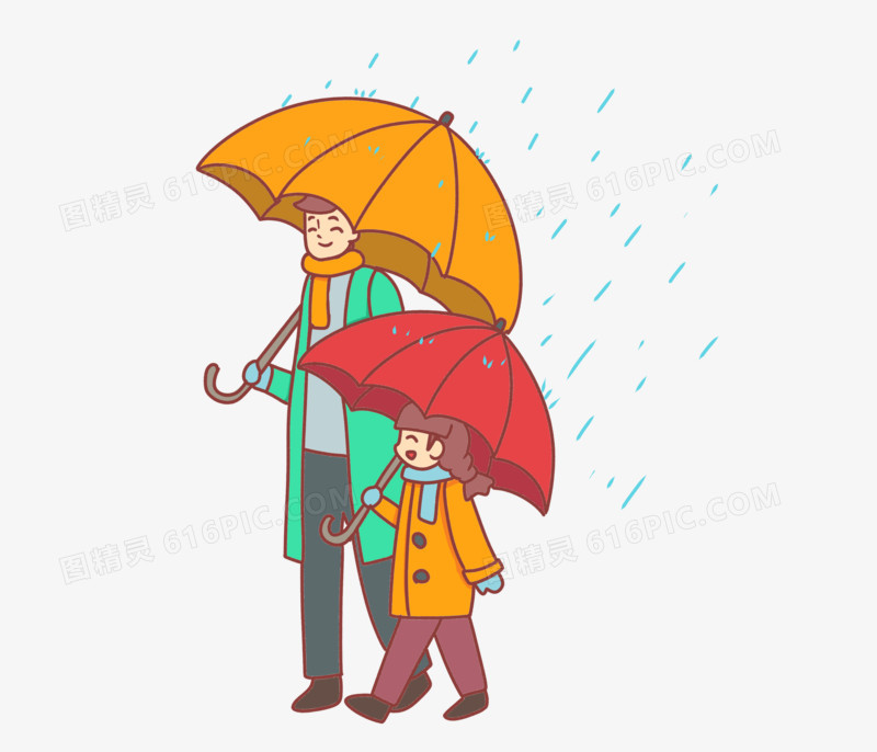 手绘雨季亲子双人撑伞场景素材