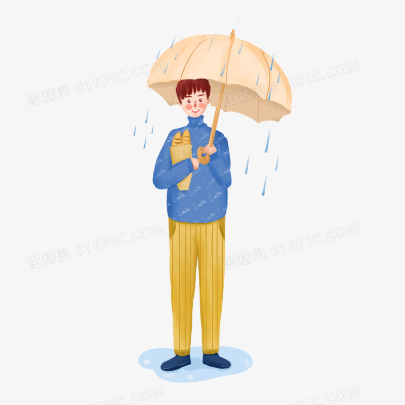 手绘插画风男生下雨打伞场景元素