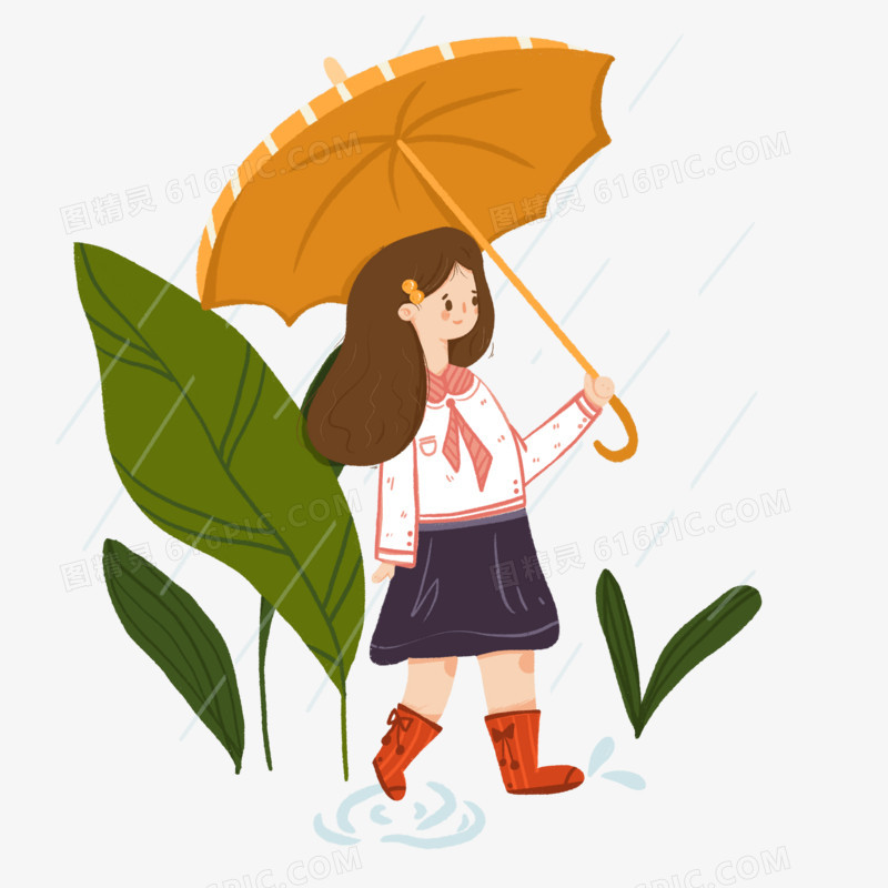 手绘插画风女孩下雨天打伞元素