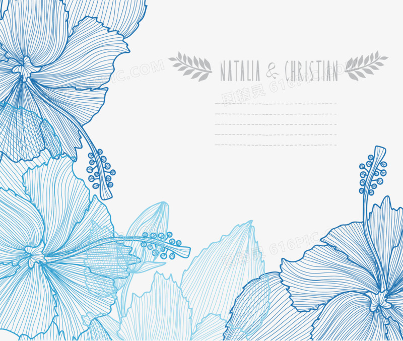 矢量线稿蓝色花朵边框装饰素材