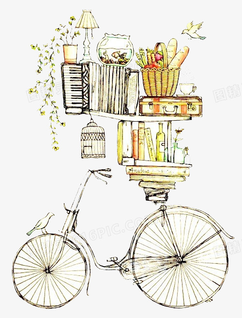 仙境图片手绘图片 自行车和书