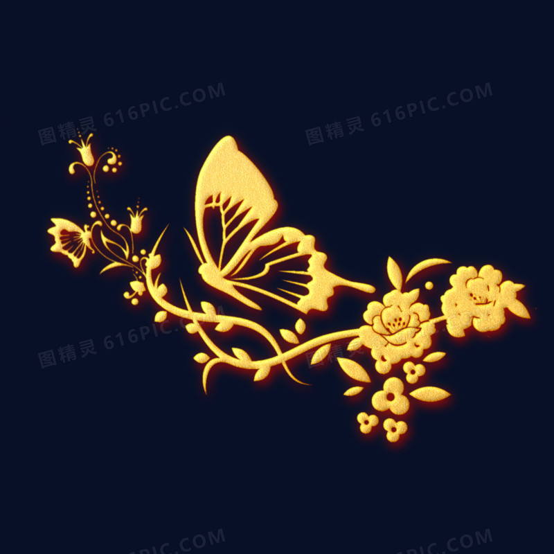 金色浮雕蝴蝶花卉装饰元素