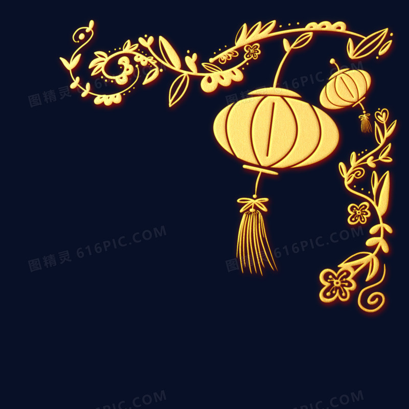 金色浮雕风立体古风灯笼树枝装饰元素