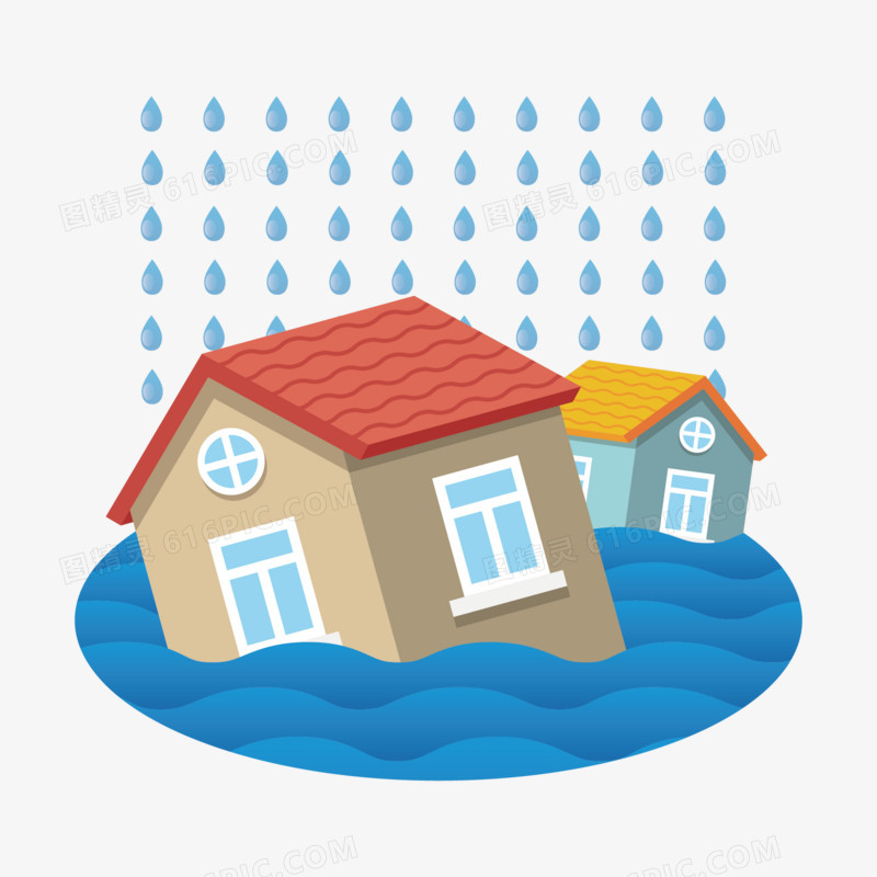 矢量卡通下雨水淹房屋免抠元素