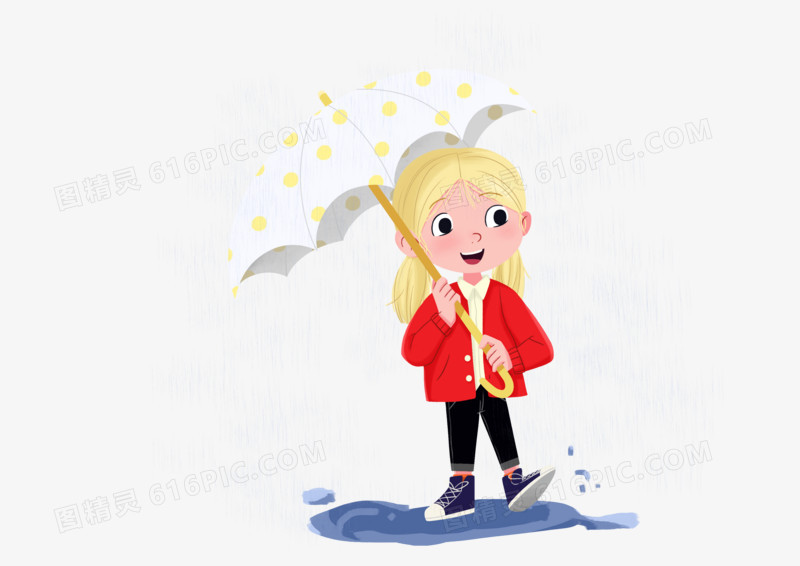 手绘卡通女孩下雨天打伞免抠元素