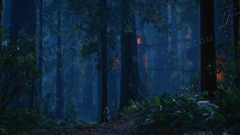 蓝色神秘森林里的灯光