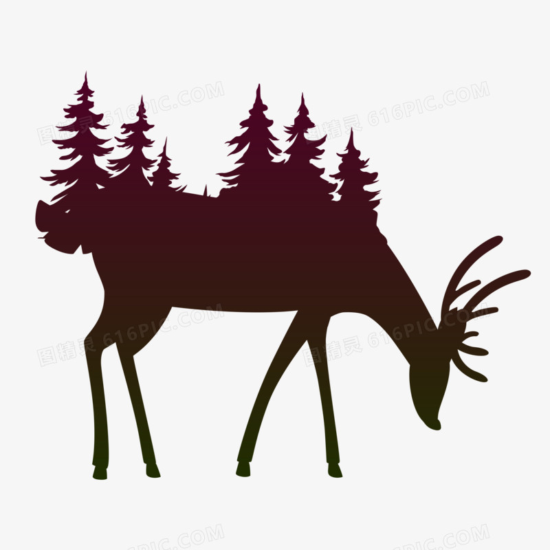手绘梅花鹿和森林剪影装饰元素