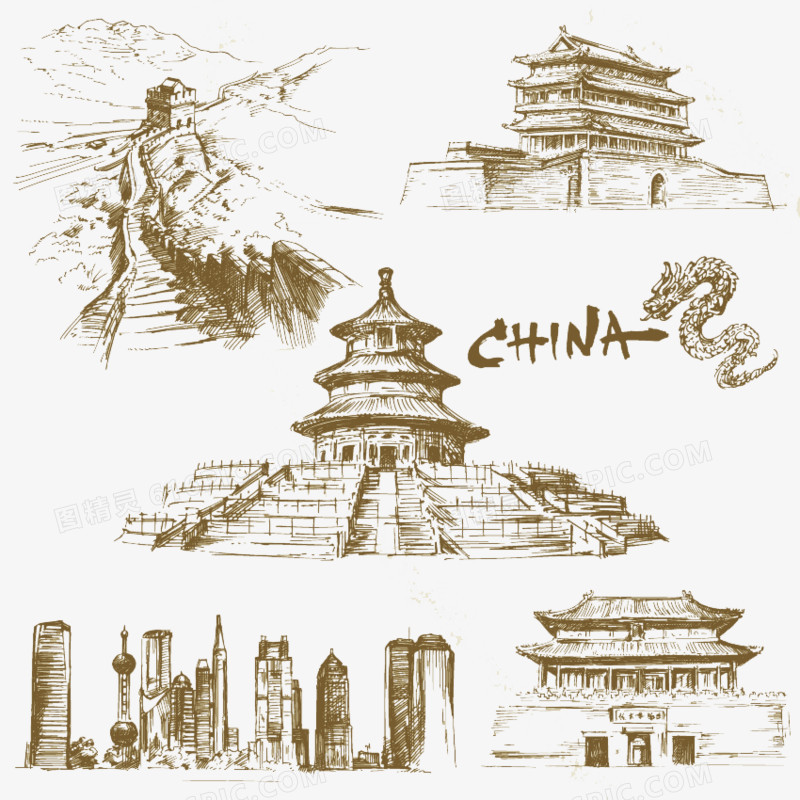 手绘古典风格中国著名建筑插画矢量素材