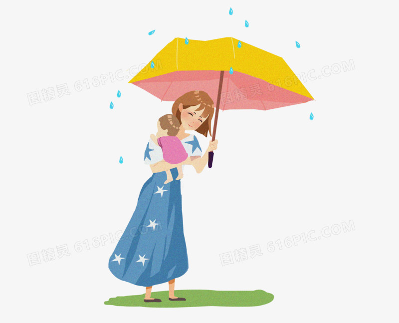 手绘插画风妈妈抱小孩撑大伞挡雨免抠元素