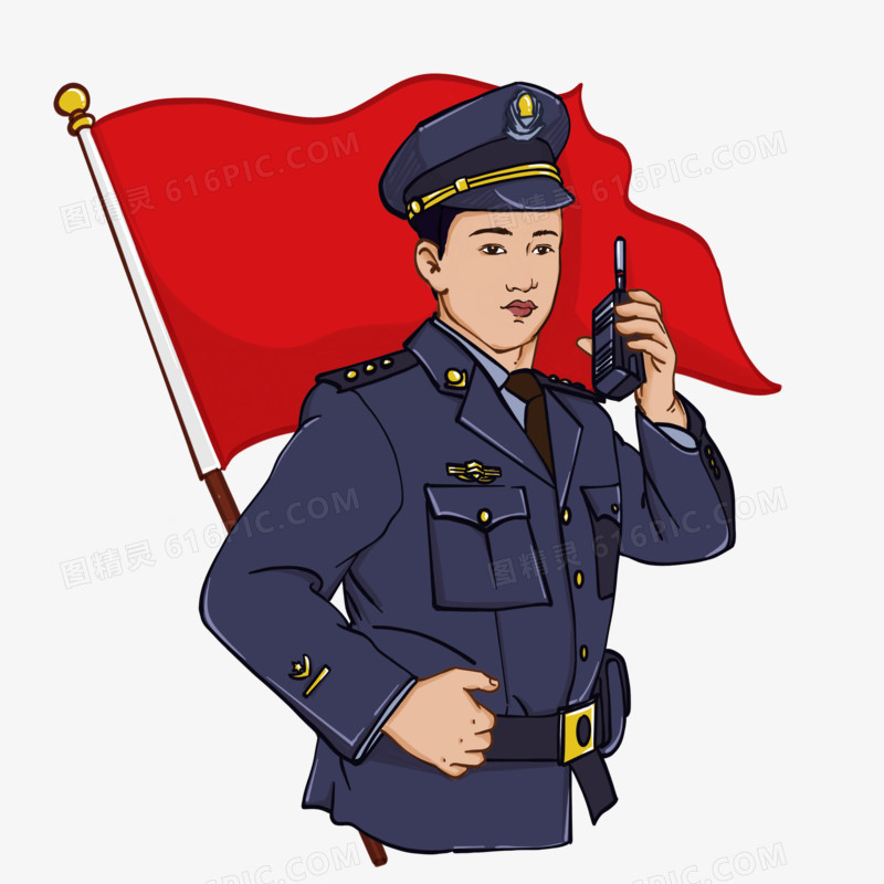 手绘人民警察旗帜免抠元素