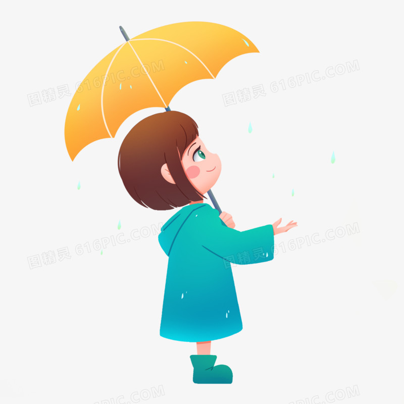 手绘卡通小女孩撑伞接雨水元素
