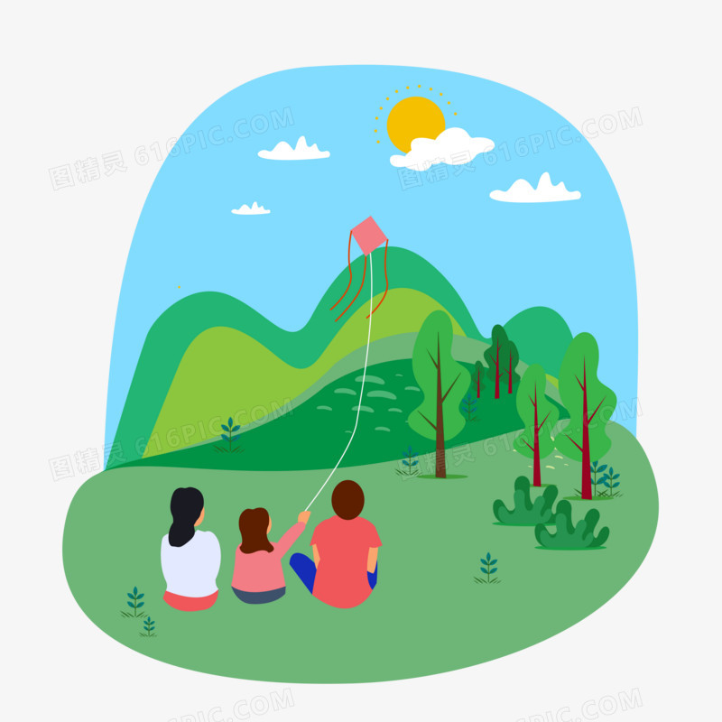 卡通手绘一家人在野外放风筝免抠元素