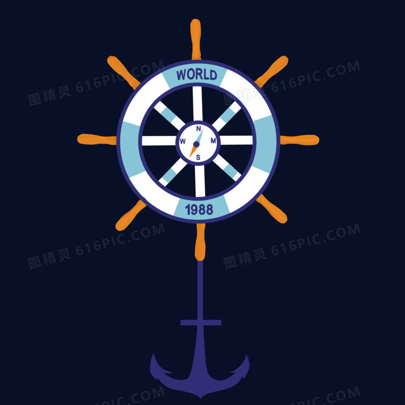 蓝色船锚经典航海船舵图标元素