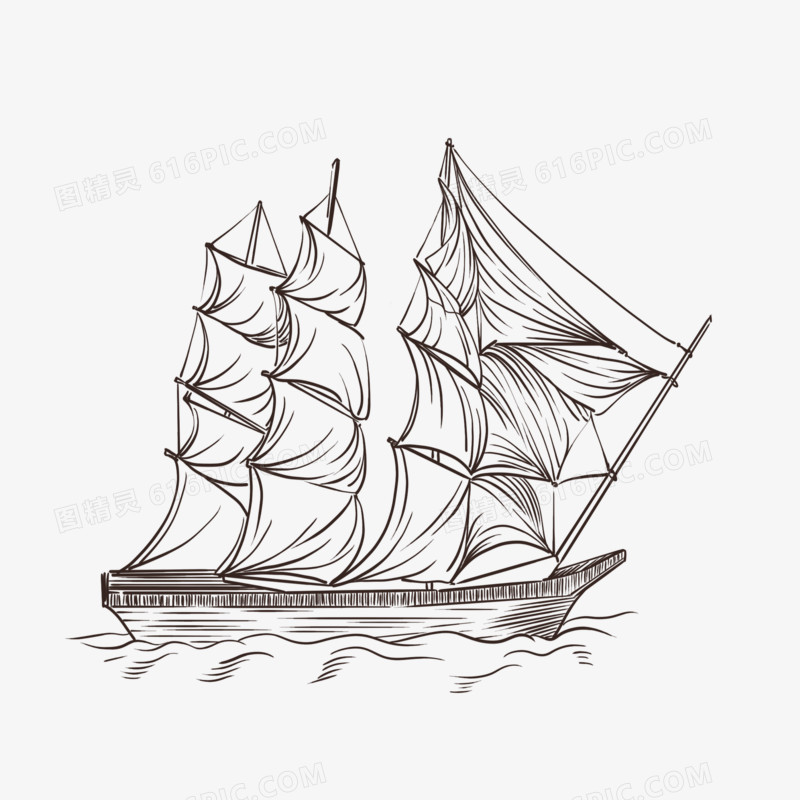 手绘线稿帆船免抠装饰元素