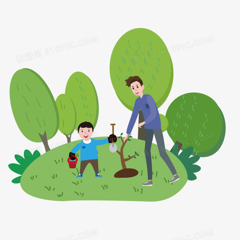 手绘卡通父子植树免抠元素