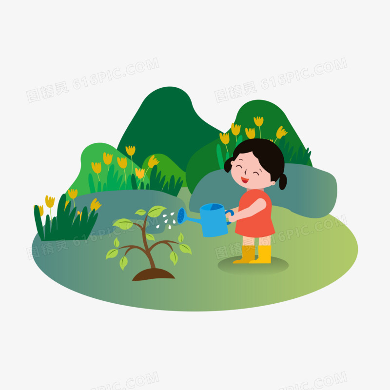 手绘卡通小女孩浇水种树免抠元素