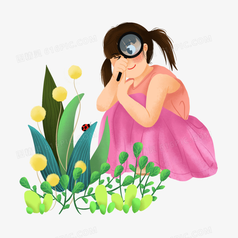 卡通手绘小女孩拿放大镜观察昆虫植物场景