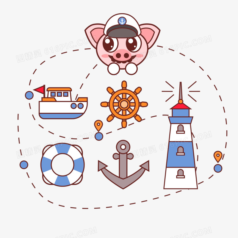 卡通手绘猪猪船长航海免抠元素