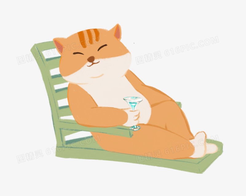 卡通手绘在躺椅的肥猫举着酒杯免抠元素