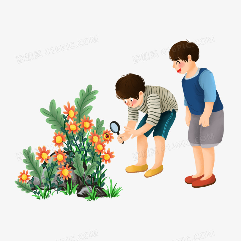 卡通手绘小朋友手拿放大镜观察植物昆虫免抠元素