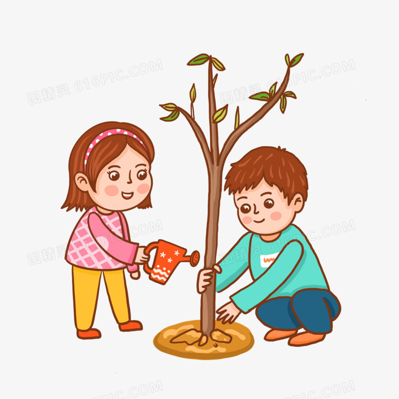 手绘卡通种树浇水的小朋友免抠素材