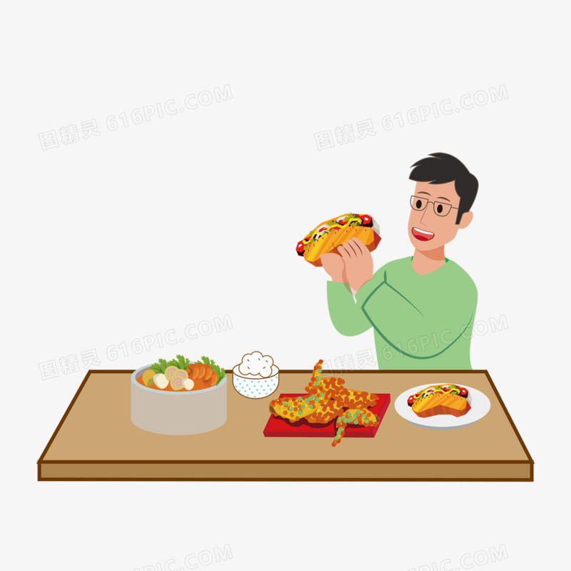 卡通手绘男生吃热狗高热量食物免抠元素