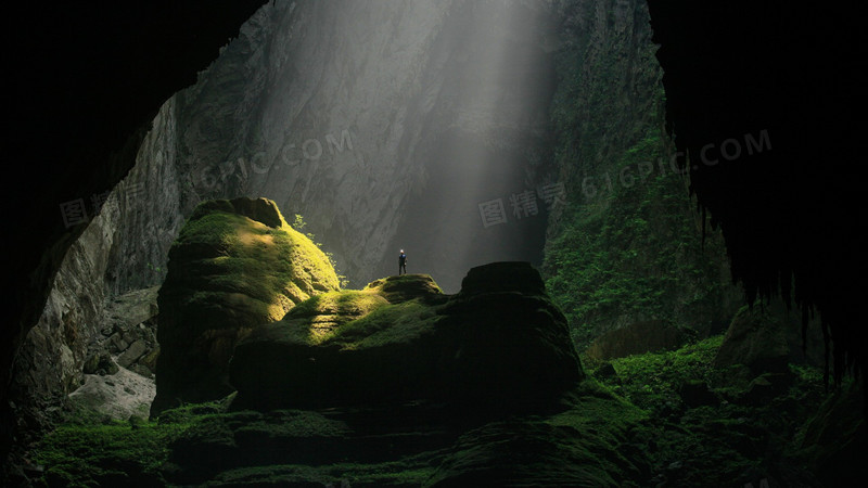 阳光森林洞穴石头苔藓