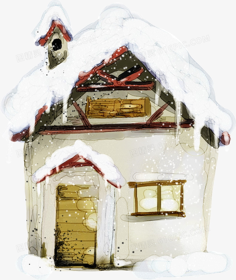 手绘创意合成冬季小房子