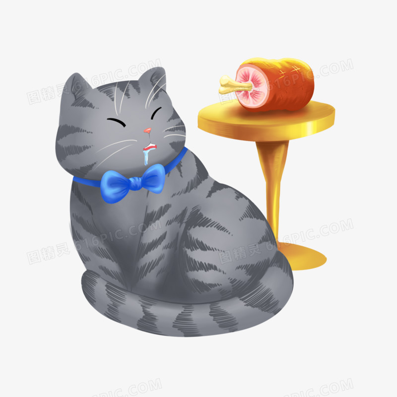 卡通手绘流口水的胖猫咪和烤肉肉素材