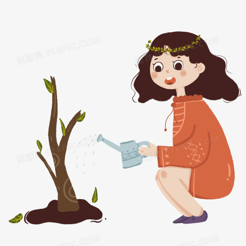 卡通手绘可爱创意女孩植树元素