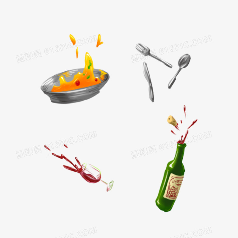 卡通手绘餐具与飞溅的汤和红酒免抠元素